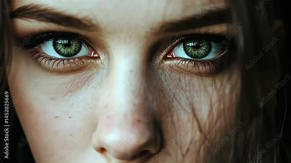Captivating gaze of a young woman with striking green eyes illuminated by soft light in a close-up portrait Generative AI Captivating gaze of a young woman with striking green eyes illuminated by soft light in a close-up portrait Generative AI