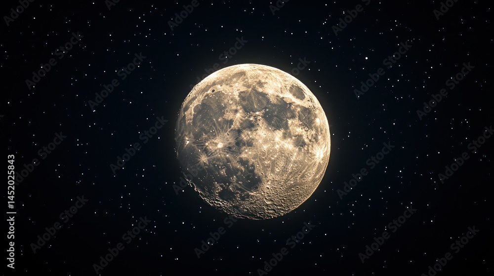 Fototapeta premium Full moon bathed in starlight. Detailed view of a full moon against a night sky dotted with stars
