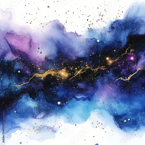 Mysterious galaxy nebula effect, created by dark blue and purple watercolor splashes, dotted with shiny gold ink, creating a dreamy and ethereal cosmic atmosphere. Abstract starry sky art