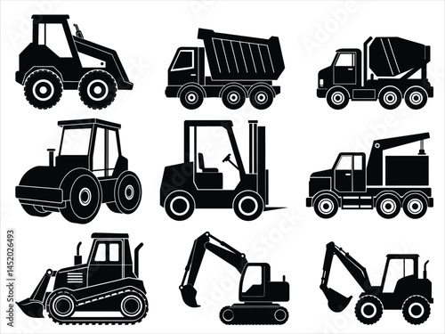 set of construction machines and trucks silhouette vector on white background a bundle of 9 vehicle