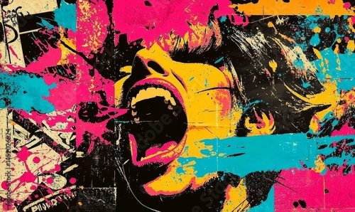 Tattered posters display vibrant paint splatters, creating an artistic blend.