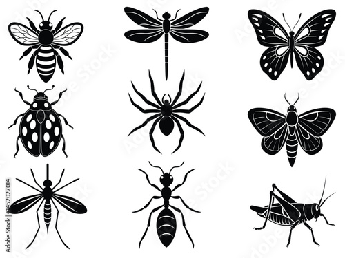 set of Insects silhouette vector on white background a bundle in 9 insects