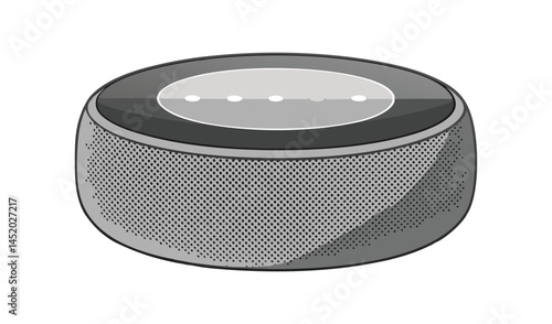 Smart Speaker Icon: A stylized icon of a smart speaker, featuring a sleek circular design and a prominent speaker grill, illustrating the concept of voice-activated technology and home automation.