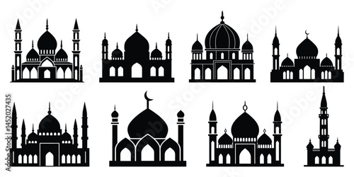 Set of Mosque silhouette vector illustration on white background a bundle of 8 mosque