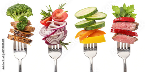 Delicious balanced meal colorful veggies grilled meat forks healthy eating vibrant food photography