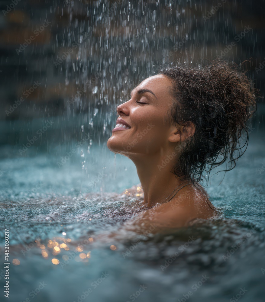 Fototapeta premium A woman relaxing in a spa pool, with water pouring from above