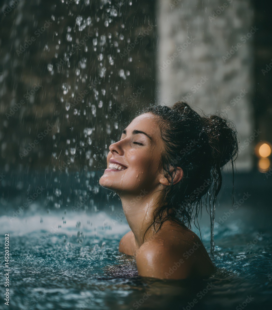 Fototapeta premium A woman relaxing in a spa pool, with water pouring from above