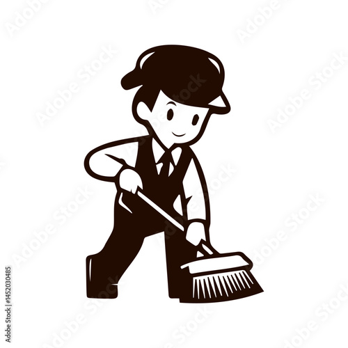 vector illustration of a janitor wearing a hat and sweeping the floor, the janitor's boy is sweeping the floor