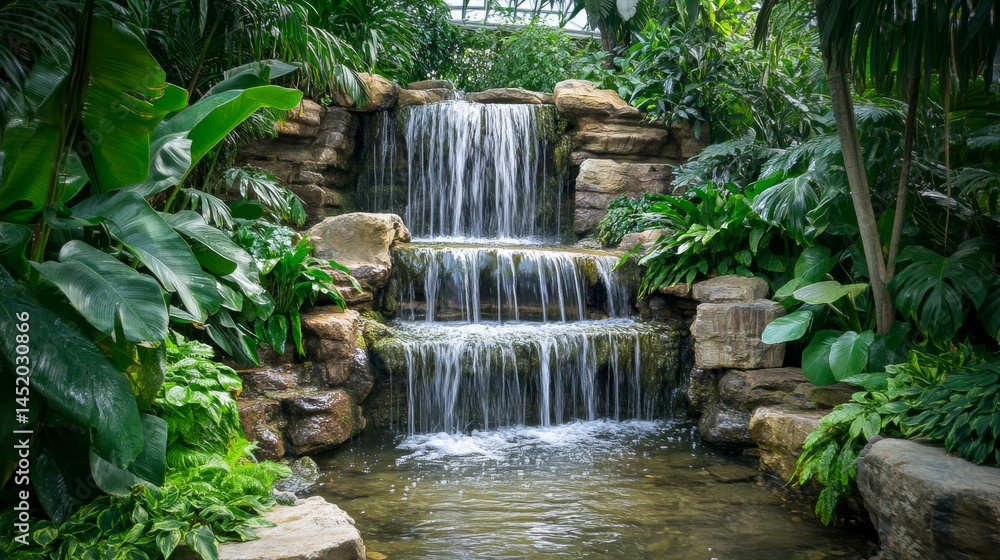 A stunning waterfall cascades gently through lush greenery. Nature at its finest. The serene landscape invites relaxation and tranquility. Generative AI A stunning waterfall cascades gently through lush greenery. Nature at its finest. The serene landscape invites relaxation and tranquility. Generative AI