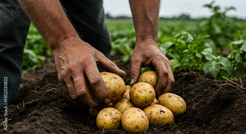 Hands harvesting potatoes directly from rich soil in field.