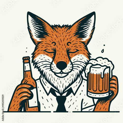 Fox with Beer: An illustrated fox is the perfect image for your promotional use. Showing a business fox, wearing a shirt and holding a bottle and a glass with beers.