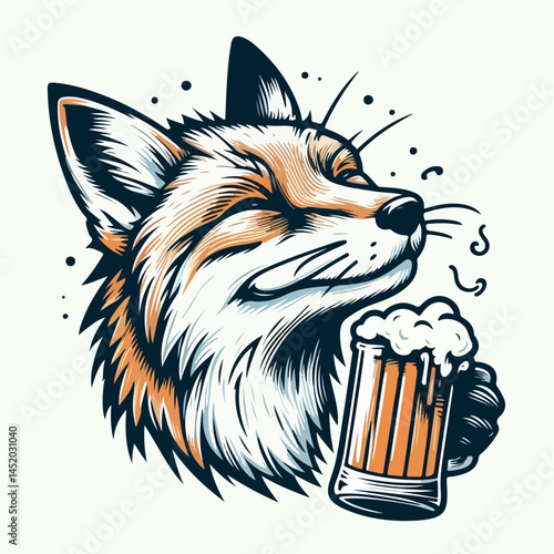 Fox with a drink: An illustration of a fox in a relaxed state, relishing a drink, capturing a whimsical and jovial scene.