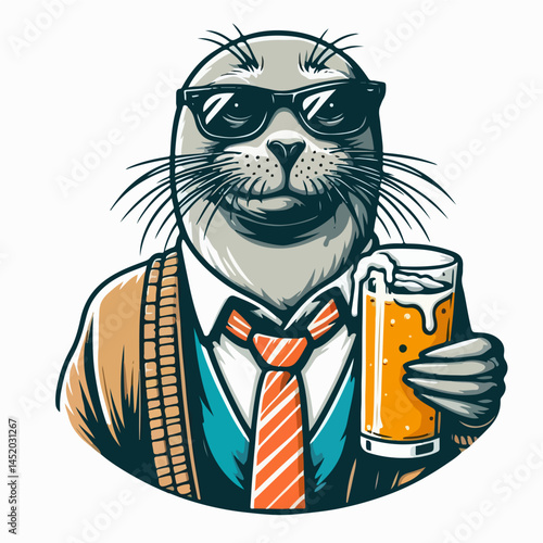 Cool Seal Sipping a Beverage: A stylish anthropomorphic seal wearing sunglasses and a suit holds a glass of beer, exuding a sense of relaxation and casual enjoyment.