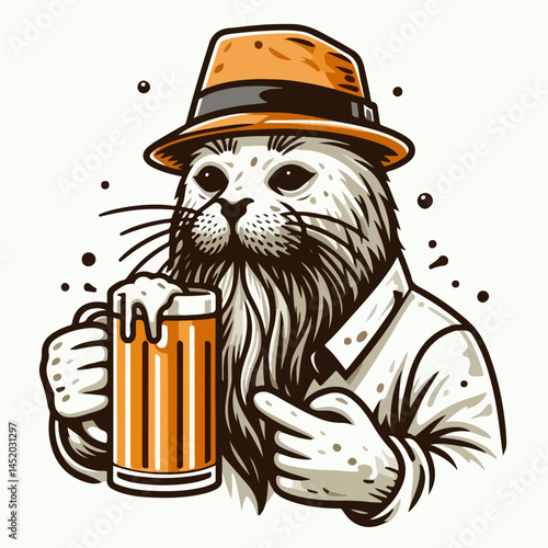"Seal of a Toast: An anthropomorphic seal in a fedora and shirt, raising a stein of frothy beer in a humorous illustration of revelry and good times."