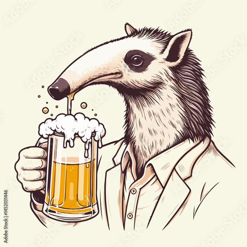 Anteater Enjoying Beer: An anthropomorphic anteater dressed in a shirt and blazer relishes a refreshing beer, showcasing a unique blend of nature and leisure.