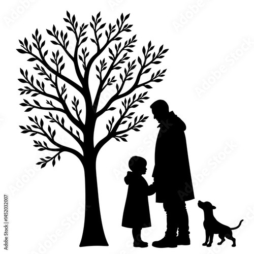 Loving family standing together by a tree with a dog  