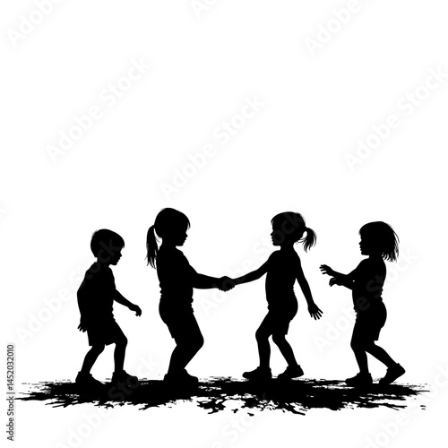 Silhouettes of kids playing joyfully against a white background  