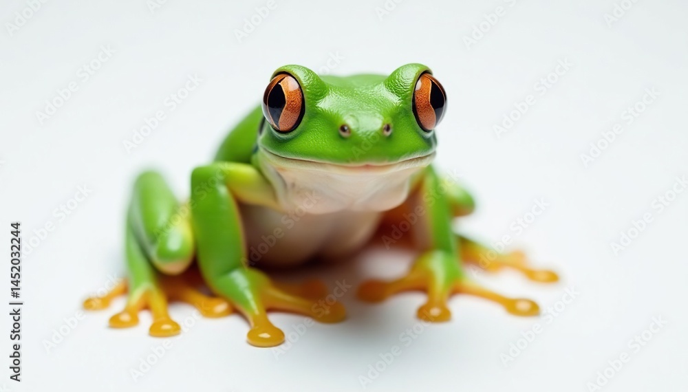Fototapeta premium Green tree frog perched on white, vibrant skin, anuran, colorful