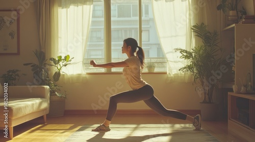 Woman doing yoga at home in a bright room with sunlight streaming through.