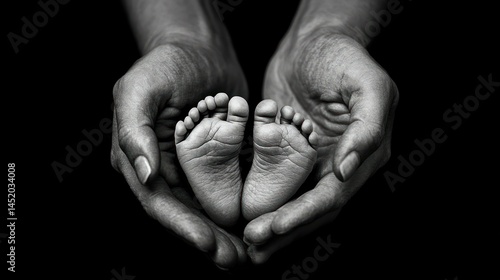 Black and white image of baby feet held in protective adult hands.
