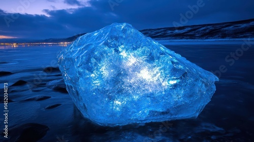A stunning blue iceberg on a black sand beach, under twilight skies.