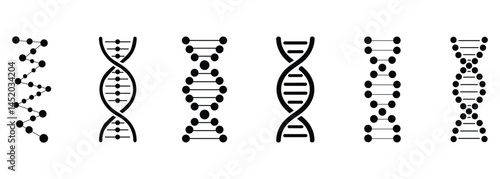 DNA silhouette. DNA icon set, DNA helix, chromosome, and molecule symbol. Set of DNA and molecule icons in scientific and minimalist styles.