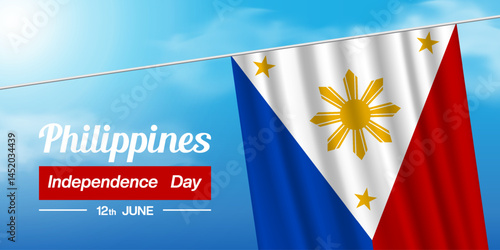 June 12th Is Philippines Independence Day. Philippines flag, sun and cloud. Suitable for posters, banners, social media and more. Blue sky background.