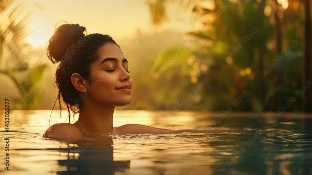 woman relaxing in tropical pool at sunset woman relaxing in tropical pool at sunset