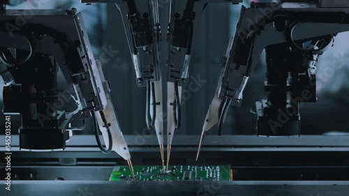 Close-up: installing electronic components. Printed circuit board moves with SMD, PCB. Automatic welding, solder machine. Production Devices. Diagnose test chips and processors. Manufacture or factory