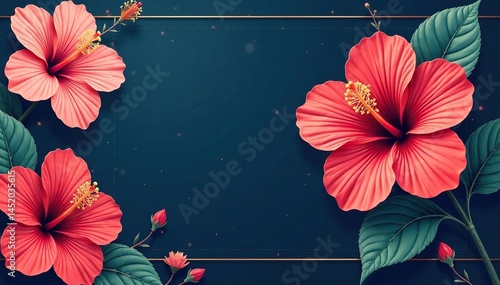 Stylized hibiscus flowers, navy blue & gold, geometric arrangement, elegant, print
