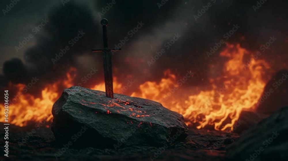 sword stucked in rock with fire background
