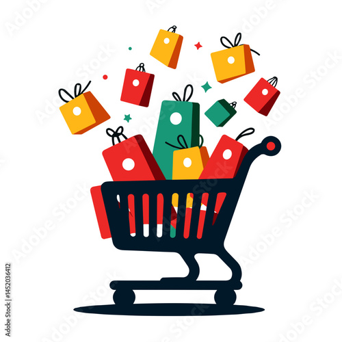 Shopping cart bursting with colorful products, urgency and hype