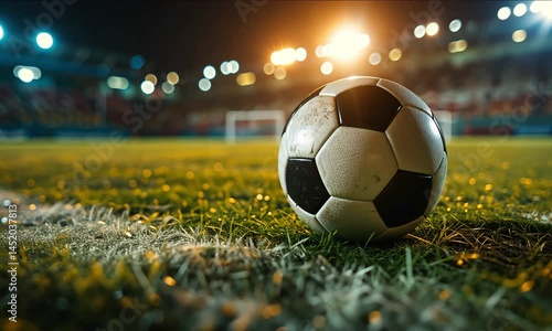 Realistic cinematic video of a soccer ball resting on grass at night in a brightly lit stadium. Ideal for sports promos, match intros, football content and advertising. Features dramatic lighting, 