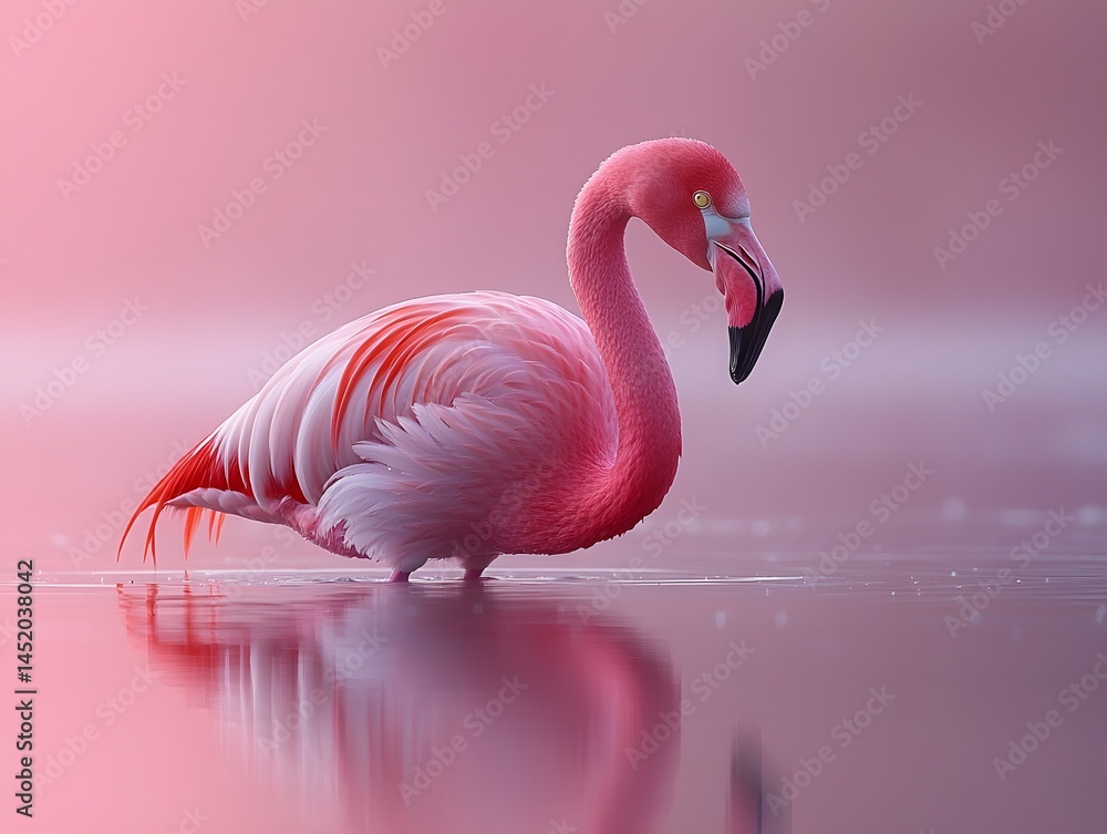 Fototapeta premium A graceful flamingo standing in shallow water its reflection shimmering in soft pink hues