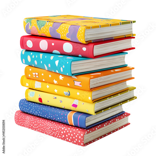 Colorful stack of books with playful designs, perfect for inspiration and creativity in leisure activities.