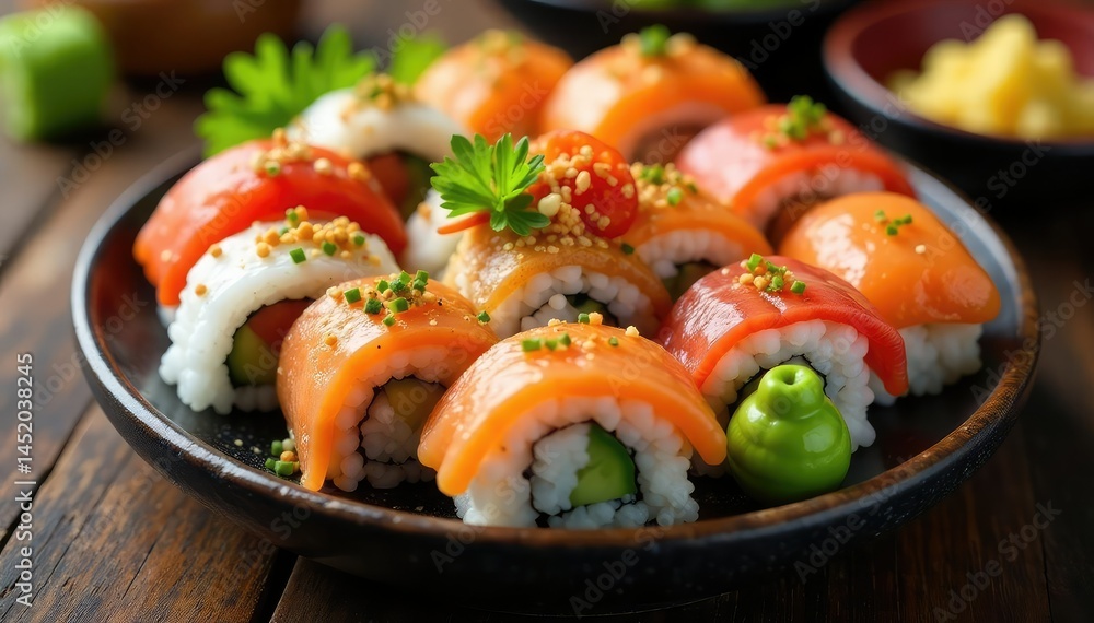 Colorful sushi platter, various rolls, wasabi, ginger, dinner, wasabi Colorful sushi platter, various rolls, wasabi, ginger, dinner, wasabi
