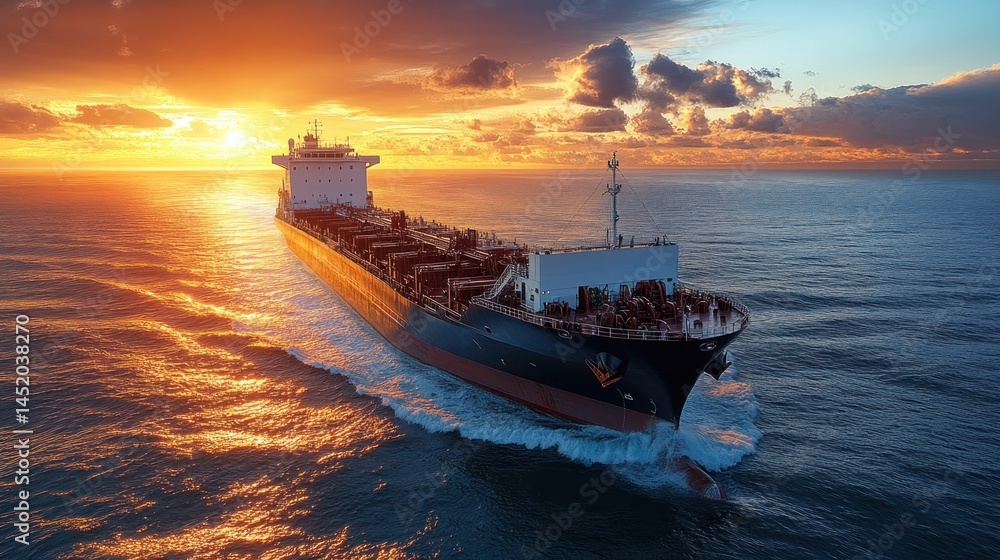 Fototapeta premium Cargo ship at sunset on open ocean