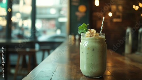 Green smoothie in a mason jar on a wood table in a cafe. Delicious and healthy.
