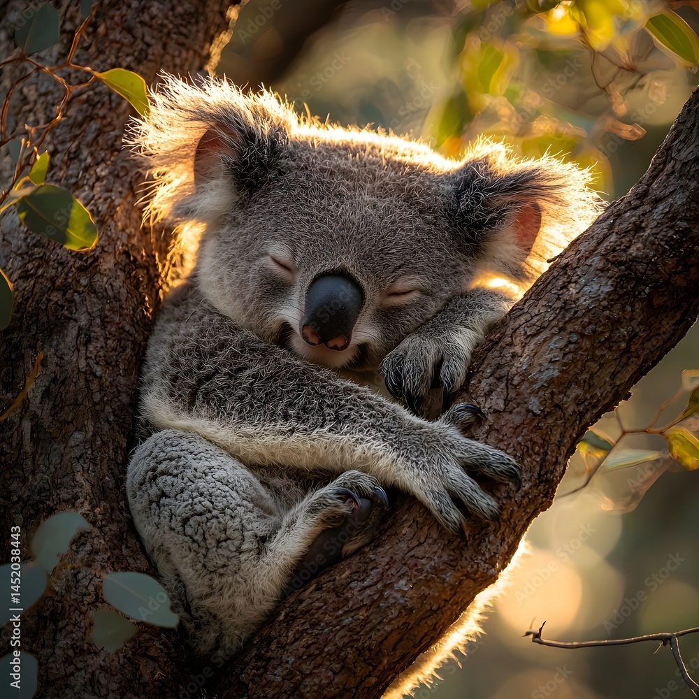 Fototapeta premium Sleepy koala nestled in a eucalyptus tree