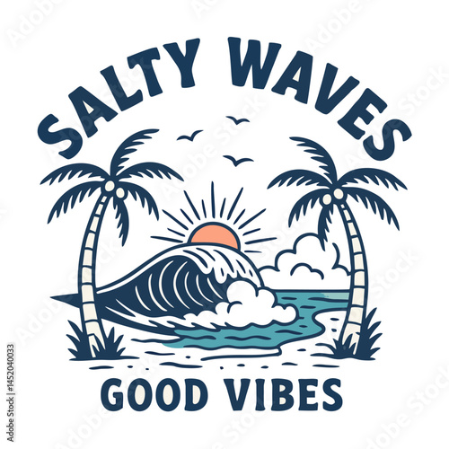 monoline summer vibes in beach with two palm trees and waves-vintage outdoor badge design
