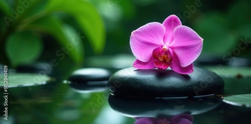 Orchid and lush tropical leaf float on water above dark spa stones , white, clean