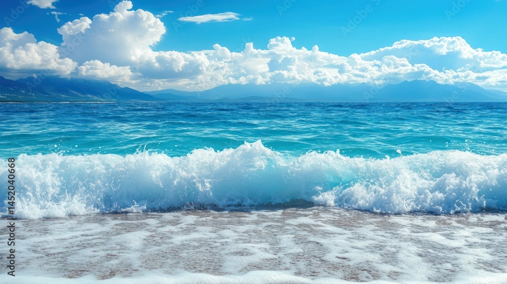 Obraz premium A serene seascape with turquoise water, white waves, and a sandy shore.