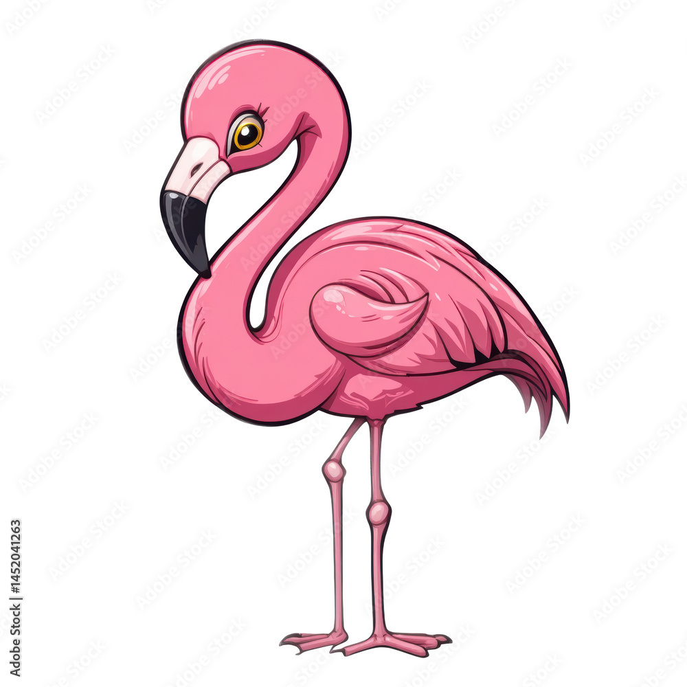 Fototapeta premium Pink flamingo bird standing with long legs and curved neck, bright feathers and shiny beak
