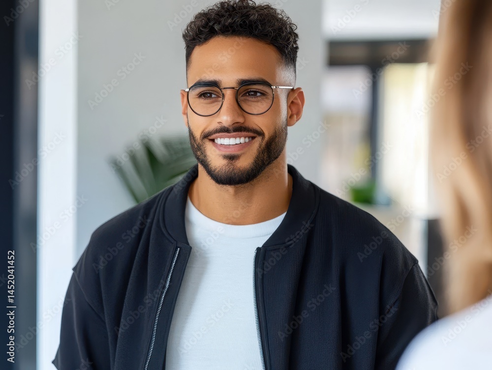 Happy Middle Eastern man in glasses at modern office during day Happy Middle Eastern man in glasses at modern office during day