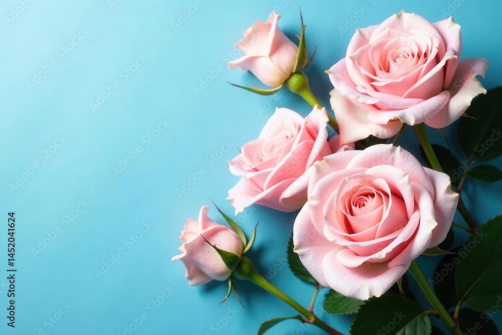 Fototapeta premium Soft blue canvas showcases exquisitely arranged pale pink roses , pink, roses, art