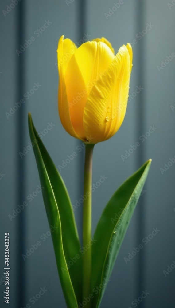 Naklejka premium Yellow tulip with rain drops, gray plank backdrop, rain, simple