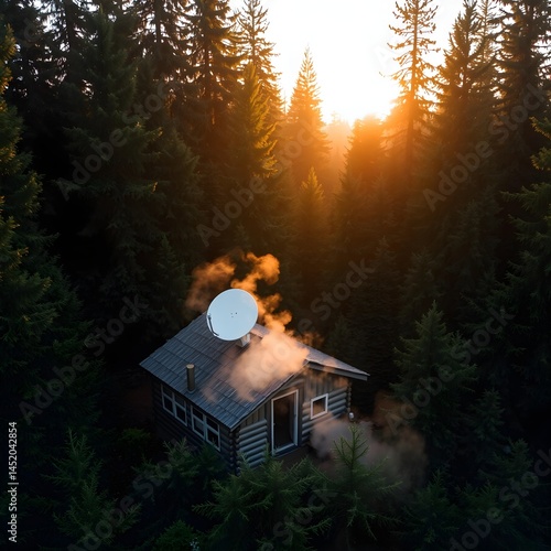 Drone shot of secluded cabin in lush forest with pine trees, satellite dish, bathed in golden-hour light, evoking serene isolation and remote tranquility
