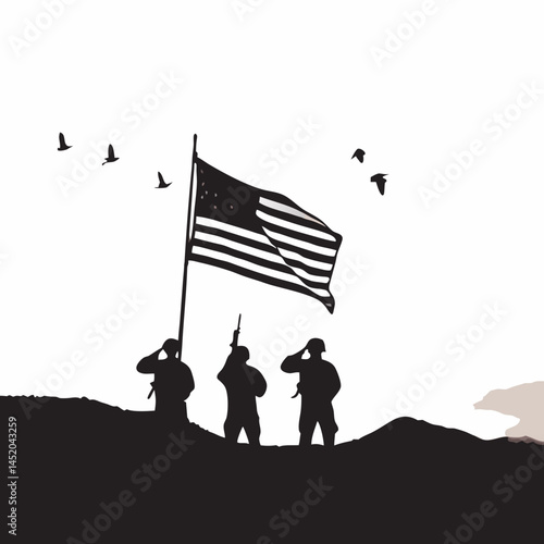 Silhouetted soldiers salute American flag a powerful tribute to military service against a stark white sky and simple