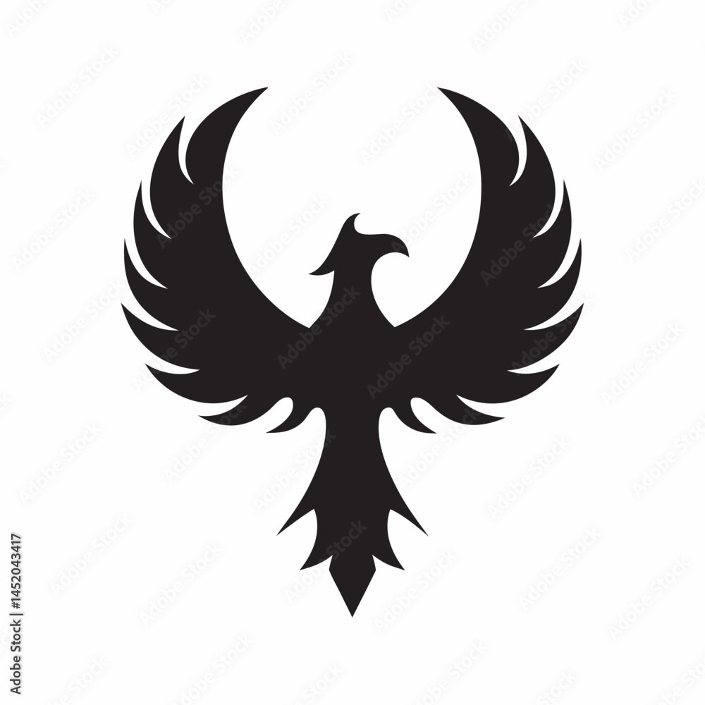 Fototapeta premium Majestic Phoenix Silhouette Bold Black Bird Design Elegant Wings Sharp Contrast Against White Background