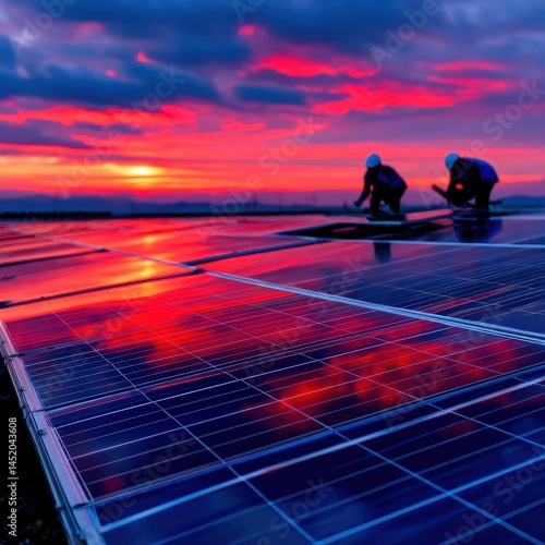 Engineers working on solar panels at sunset, showcasing innovative technology for a sustainable future in energy production and environmental preservation.